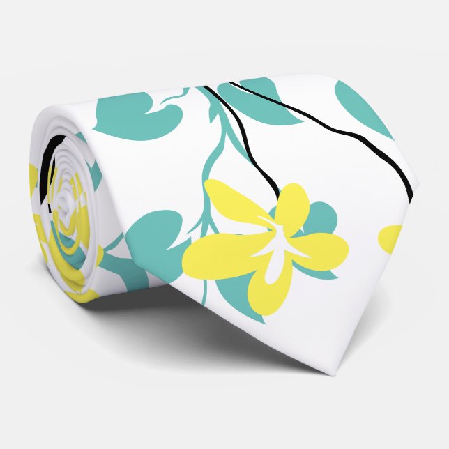 Cravate Branche bleue et noire turquoise et fleurs jaunes (Roulé)
