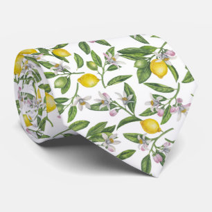 Cravate Branches de citron avec fleurs et fruits sur blanc