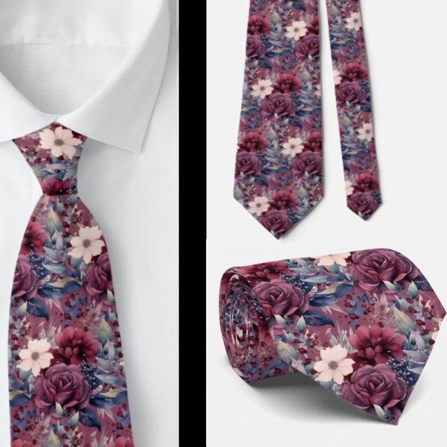 Cravate Burgundy Blue Periwinkkt Blush rose Floral (Créateur téléchargé)
