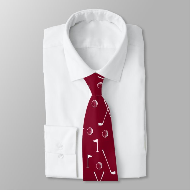 Cravate Burgundy Red Golf Motif Ball Flag Club Golfer (Attaché)