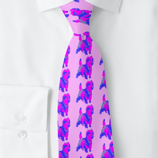Cravate Cairn Terrier Chien Silhouette rose et bleu clair  (Cairn Terrier pink and blue pattern silhouette pink background tie)