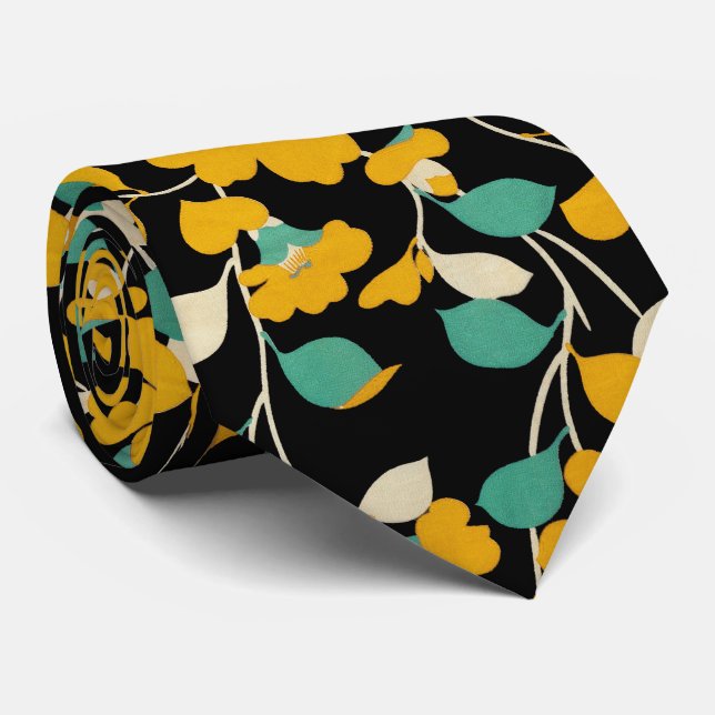 CRAVATE CAMELLIAS JAUNES, FEUILLES BLANCS VERTS NOIR (Roulé)