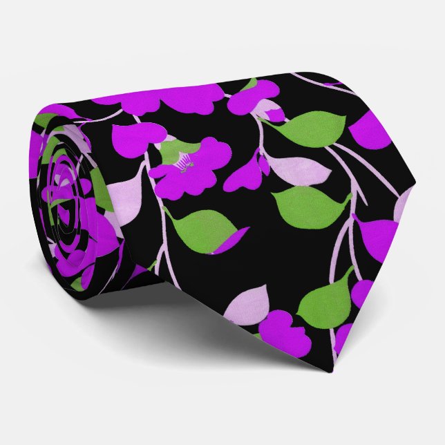 Cravate CAMELLIAS PURPLE, FEUILLES VERT BLANC NOIR Floral  (Roulé)