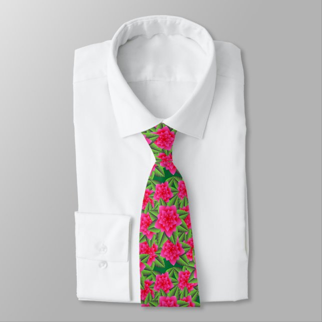 Cravate Camellias roses de Fuschia et Feuilles verts (Attaché)