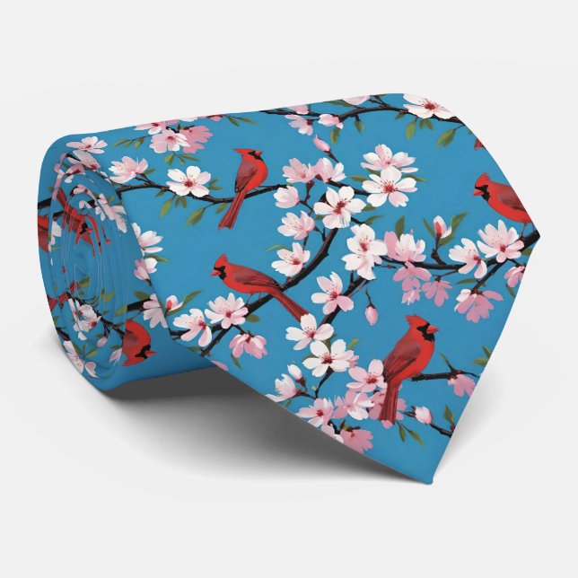 Cravate Cardinaux rouges et fleurs de cerisiers roses Bleu (Roulé)