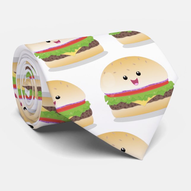 Cravate Caricature de hamburger kawaii joyeux (Roulé)