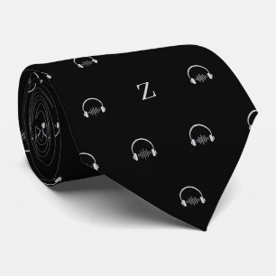Cravate Casque Musique Monogramme initial Noir et blanc