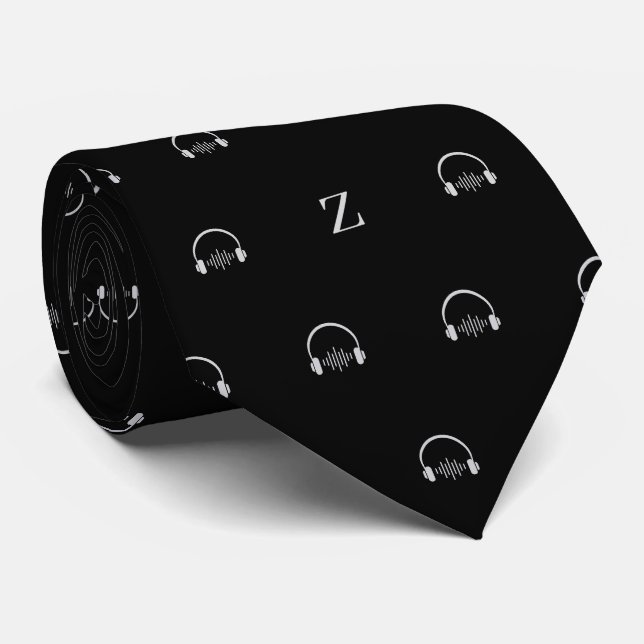 Cravate Casque Musique Monogramme initial Noir et blanc (Roulé)