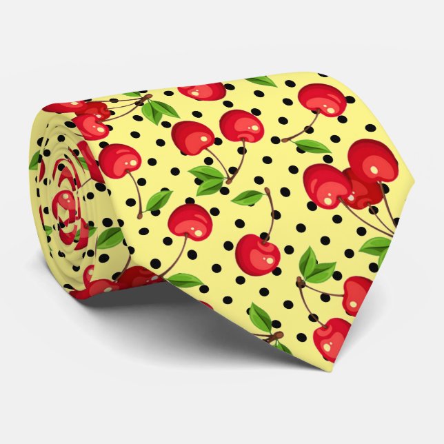 Cravate Cerises Rockabilly Points sur Jaune (Roulé)