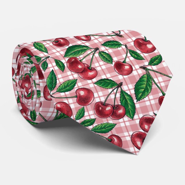 Cravate Cerises rouges sur en vichy rose (Roulé)