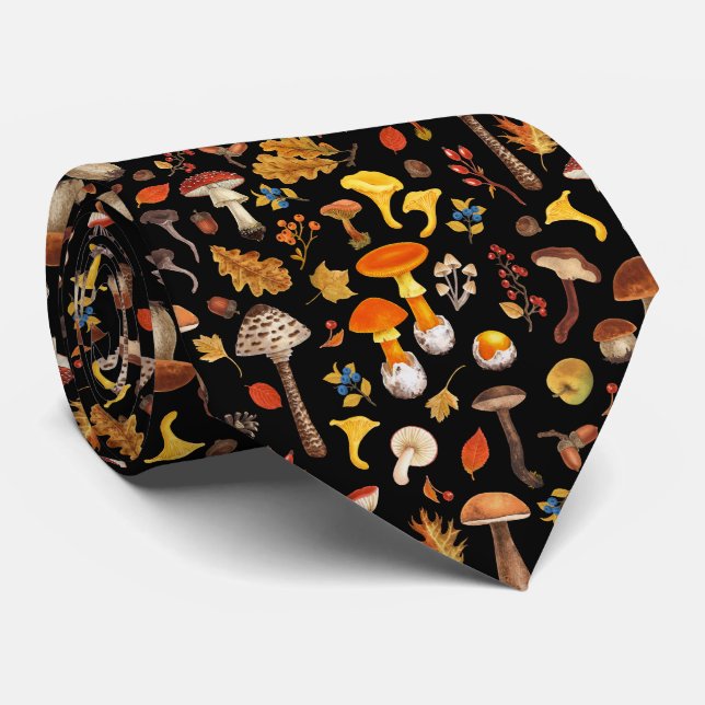 Cravate Champignons sauvages sur le noir (Roulé)