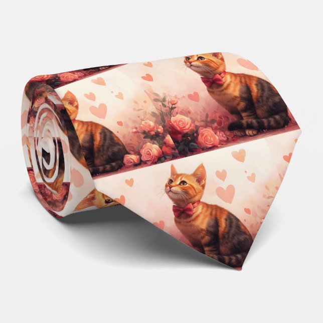 Cravate Chat abyssinien avec Rose - Saint Valentin (Roulé)