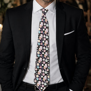 Cravate Chat Blanc Pastel Floral Noir Botanique Romantique