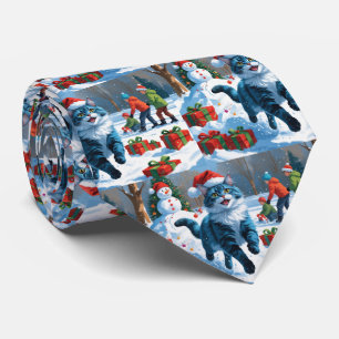 Cravate Chat bleu oriental assis dans la neige avec un cha