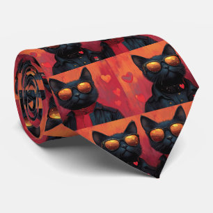 Cravate Chat bleu oriental avec coeur Roses Saint-Valentin