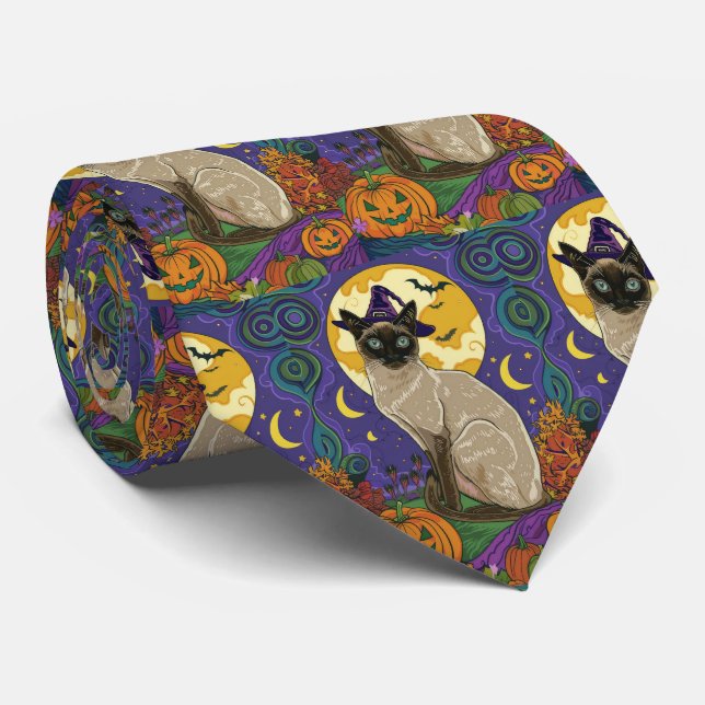 Cravate Chat éffrayant Siamese Halloween sorcière et Citro (Roulé)