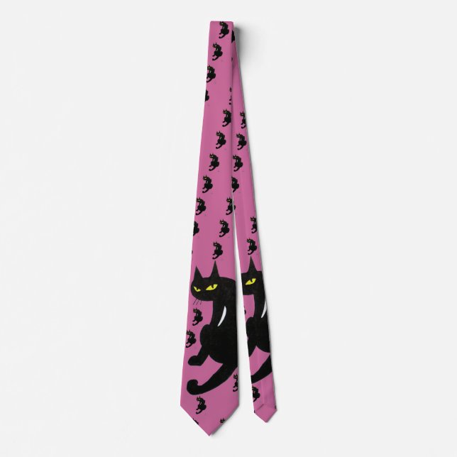 Cravate CHAT NOIR NINJA Dessin noir rose (Devant)