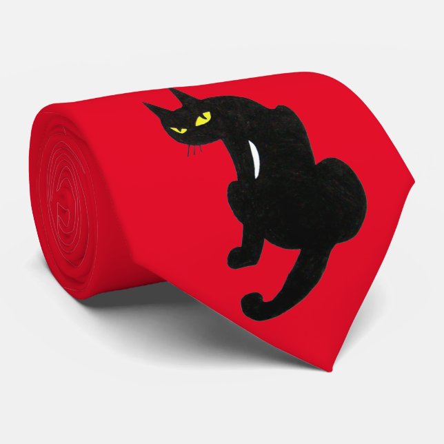 Cravate CHAT NOIR NINJA Dessin rouge noir (Roulé)
