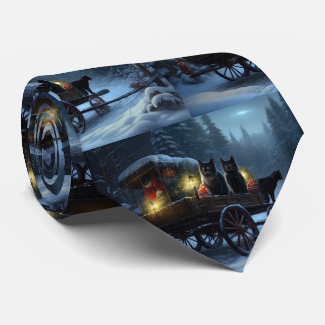 Cravate Chat noir Snowy Sleigh Ride Décor de Noël (Roulé)