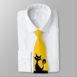 Cravate Chat noir sur le sport Jaune Hommes