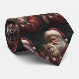 Cravate Chat Sibérien avec le Père Noël Festive Noël