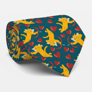 Cravate Chats mignon Saint Valentin Orange, Rouge et Bleu