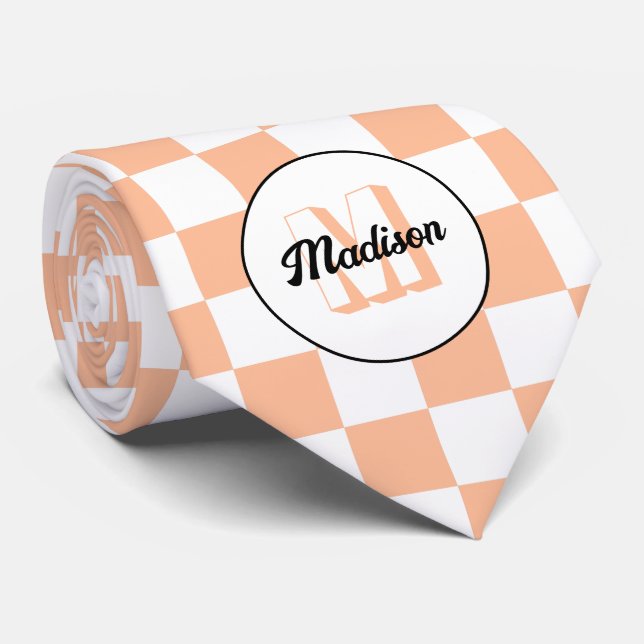Cravate Checkered squares peach white retro Monogram (Roulé)