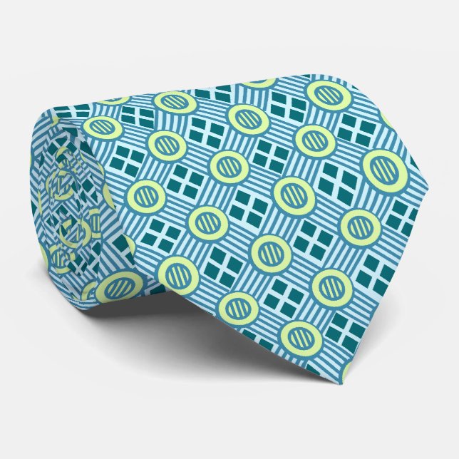 Cravate Chemin de fer Géométrique Plaid Aqua à deux côtés (Roulé)