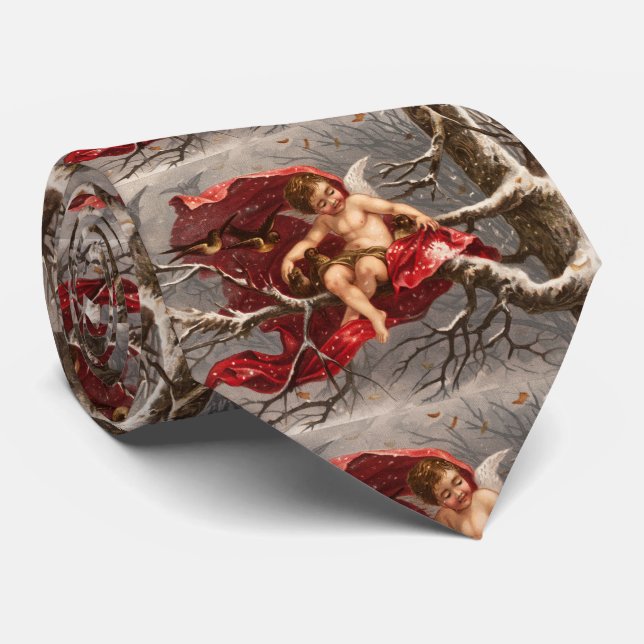 Cravate CHERUBE À FEU SUR ARBRE D'HIVER AVEC OISEAUX Noël (Roulé)