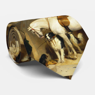 CRAVATE CHEVAL BLANC AVEC CHIENS ET FALCONS EN STABLE