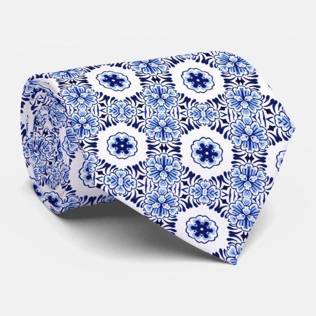 Cravate Chic Classique Delft Bleu Floral Motif d'Art Holla (Roulé)