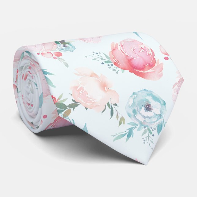 Cravate Chic Dusty Blue Jardin Floral Peony Motif (Roulé)