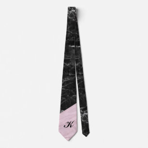Cravate Chic Elegant noir marbre rose Monogramme