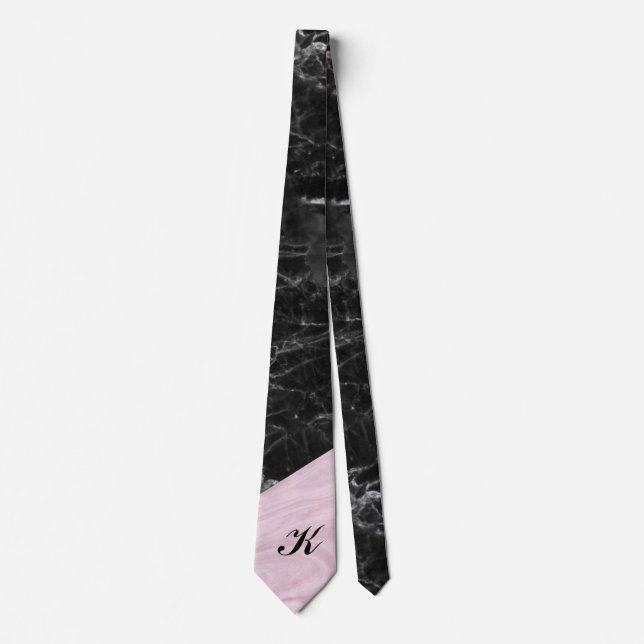 Cravate Chic Elegant noir marbre rose Monogramme (Devant)