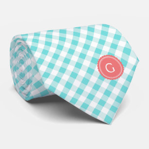 Cravate chic preppy turquoise en vichy motif monogramme
