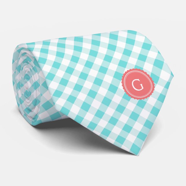 Cravate chic preppy turquoise en vichy motif monogramme (Roulé)