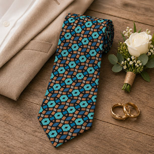 Cravate Chic Turquoise Bleu Brun Noir Art Tribal