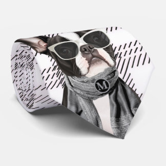 Cravate Chien Boston Terrier à la mode et monogramme à car