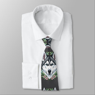 Cravate Chien Husky Sibérien Et Fleurs De Kalmia à Feuille