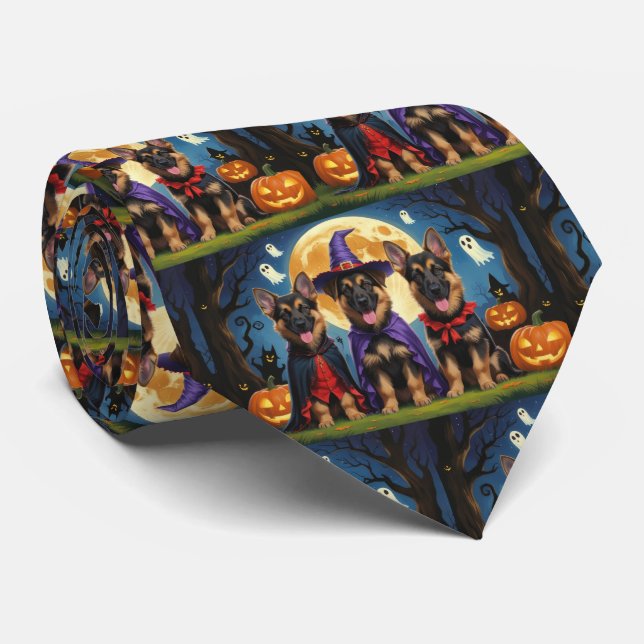 Cravate Chiens bergers allemands Citrouille Halloween drôl (Roulé)