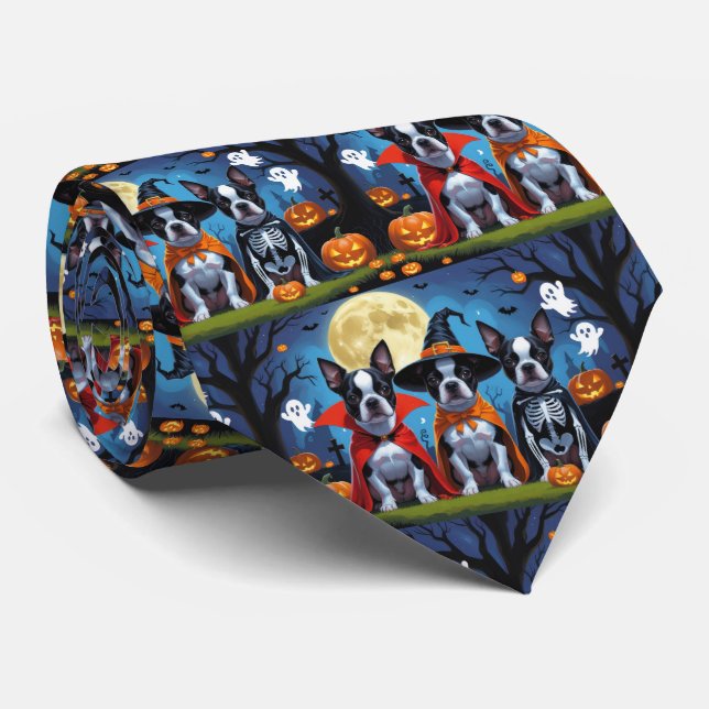 Cravate Chiens de Boston Terrier Citrouille Halloween Funn (Roulé)