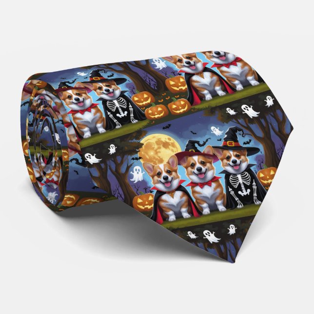 Cravate Chiens de Corgi Citrouille Halloween Funny (Roulé)
