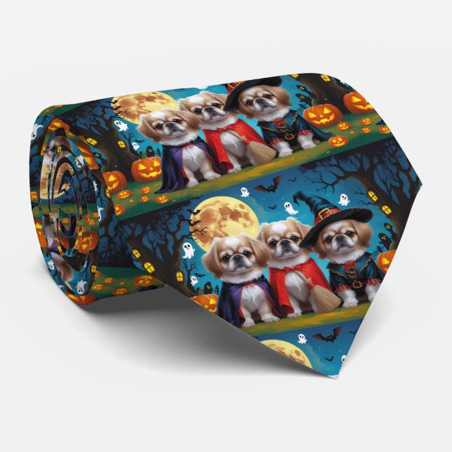 Cravate Chiens Pekingese Citrouille Halloween drôle (Roulé)