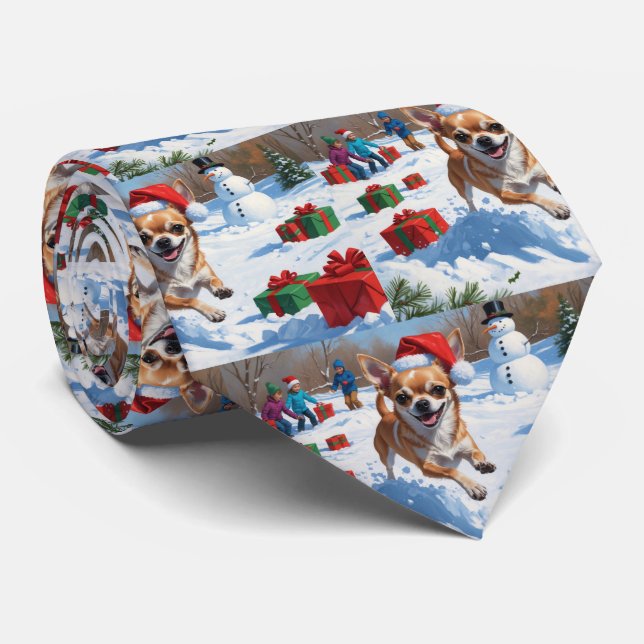 Cravate Chihuahua coule en neige avec le Casquette de Noël (Roulé)