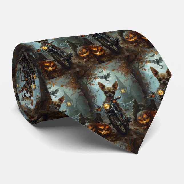 Cravate Chihuahua équitation moto Halloween effrayant (Roulé)