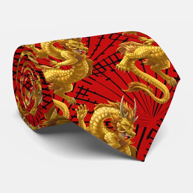 Cravate Chinois Lucky Gold Dragon Necktie (Roulé)