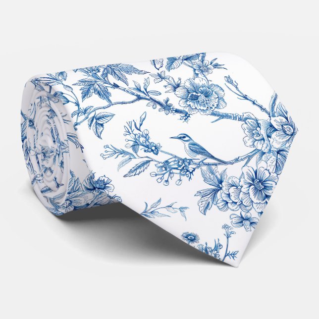 Cravate Chinoiserie bleue et blanche Oiseaux floraux (Roulé)
