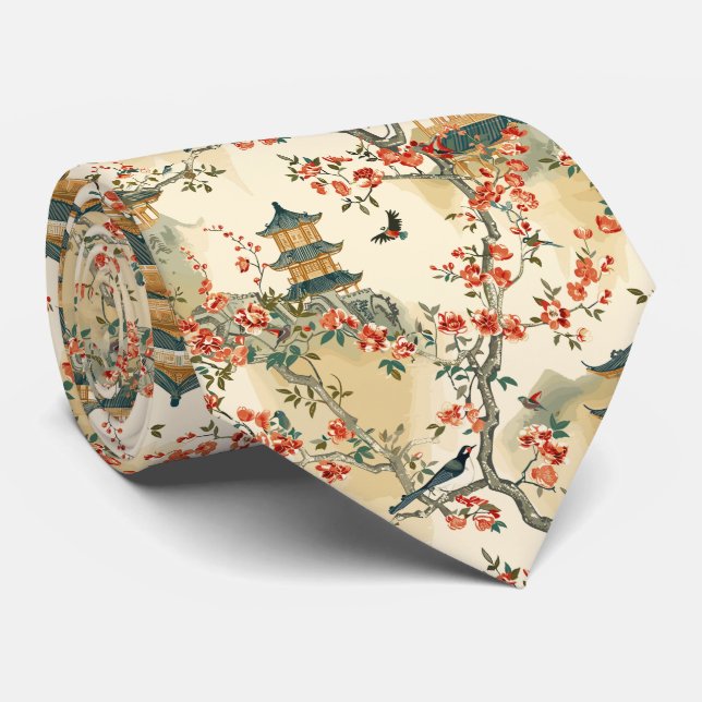 Cravate Chinoiserie Élégante - Pagodes, Fleurs et Oiseaux (Roulé)