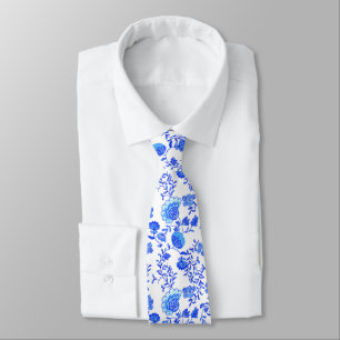 Cravate Chinoiserie Floral Bleu et Blanc