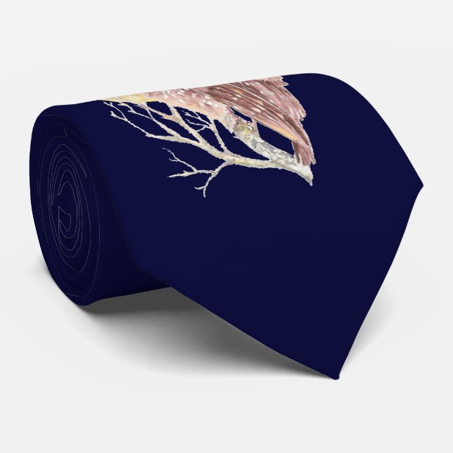 Cravate Chouette dans l'arbre avec lune Aquarelle Oiseau,  (Roulé)